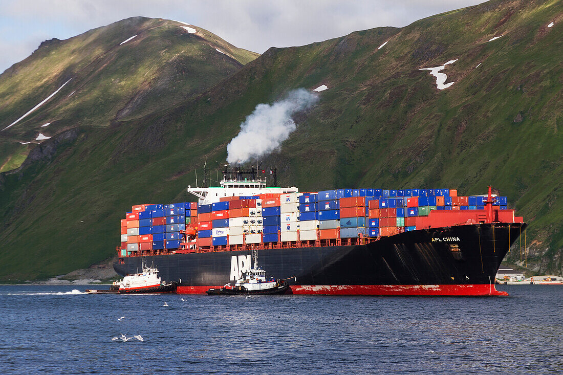 American President Lines container vessel, APL China in Unalaska Bay, Unalaska, Alaska.
