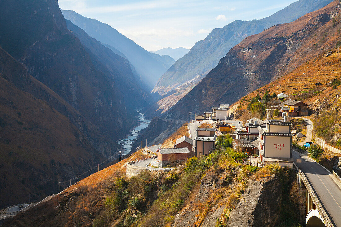 'Guesthouse and valley, Tiger Leaping Gorge; Lijiang, Yunnan Province, China'