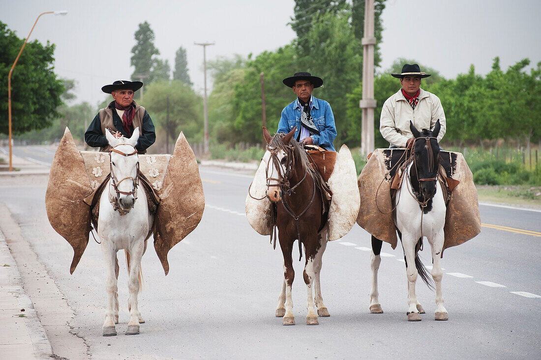 'Riding horseback in the road with bags on the sides; Catamarca Province, Argentina'