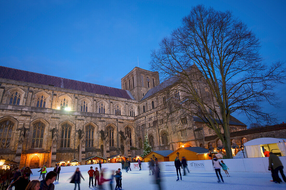 'Winchester Cathedral ice rink for Christmas market; Winchester, Hampshire, England'