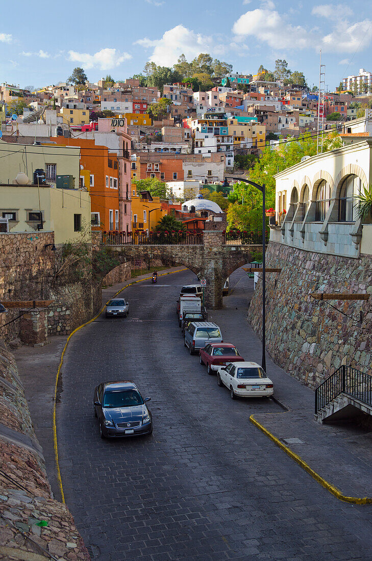 'Street scene with homes on the hillside; Guanajuato, Mexico'