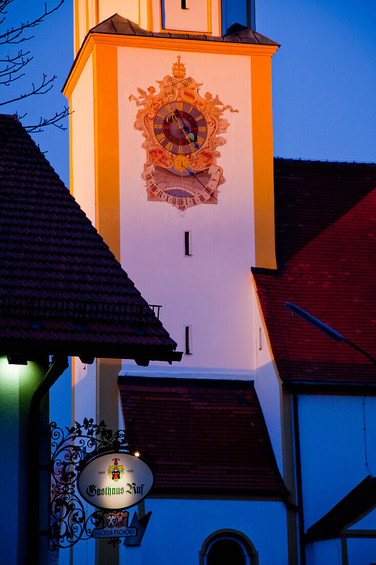 'Decorative design painted around a clock on a tower; Seefeld, Bavaria, Germany'