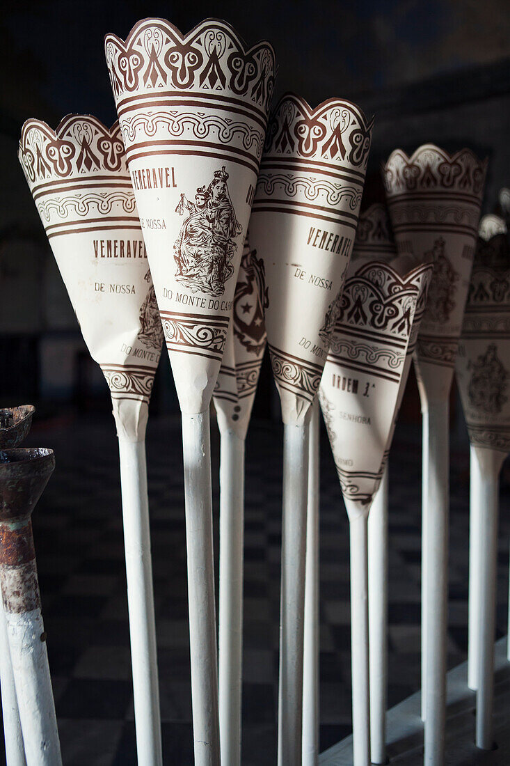 'Wax taper candles for sale in a church; Salvador, Brazil'