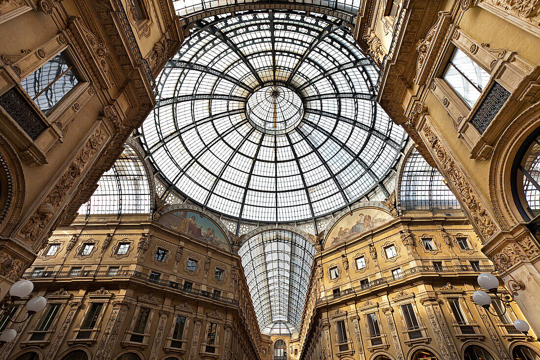'Ornate interior architecture with a glass domed ceiling; Milan, Italy'