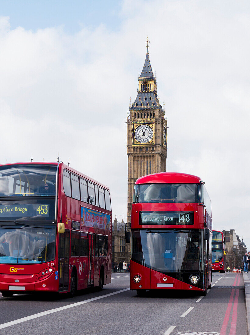 'Big Ben and Heatherwick bus; London, England'