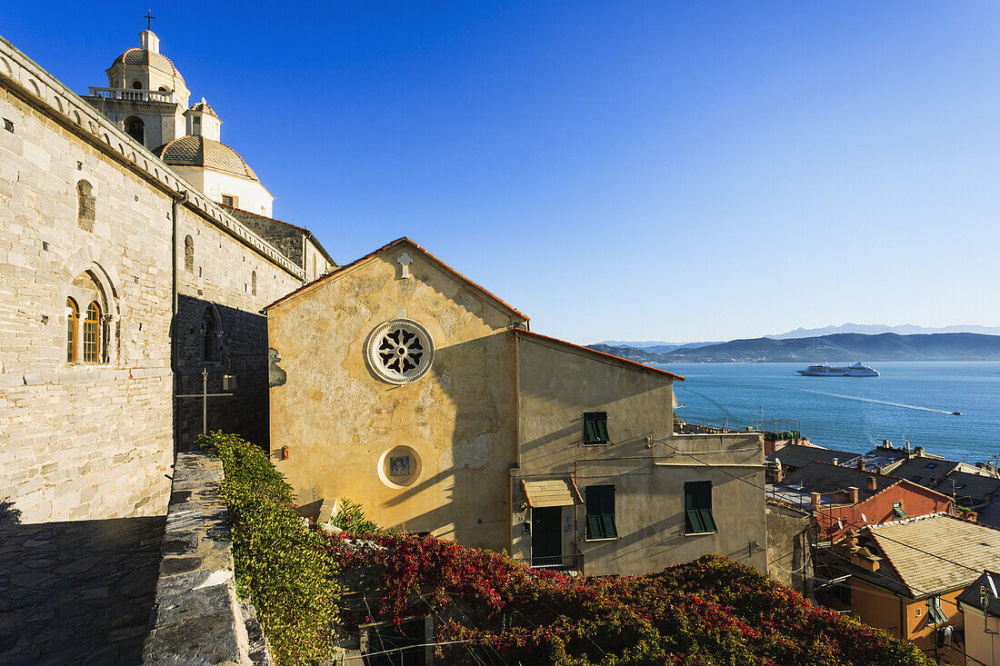 'Church and residential buildings along the coast of the Italian Riviera; Porto Venere, Liguria, Italy'
