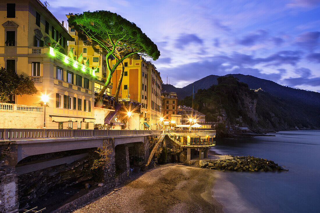 'Lights illuminating buildings along the coast at dawn; Camogli, Liguria, Italy'