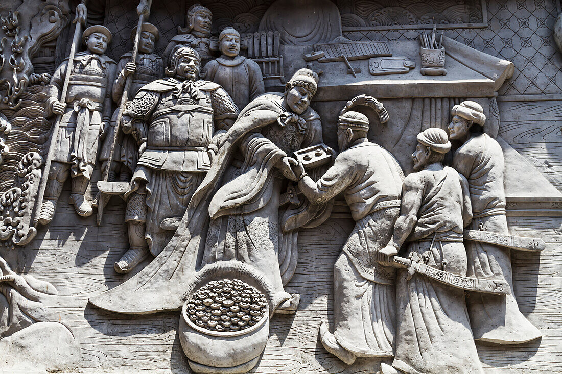 Bas relief depicting the landing of Chinese explorer Admiral Cheng Ho’s Ship in the 16th century at Sam Pho Kong Chinese Temple, Semarang, Central Java, Indonesia
