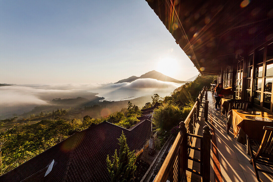 Panoramic view of Batur Lake and Mount Agung at sunrise from Kintamani, Bali, Indonesia