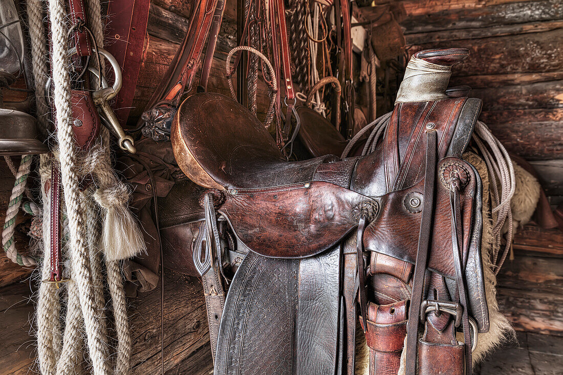 'Saddle and horseback riding equipment at Bar U Ranch National Historic Site; Longview, Alberta, Canada'