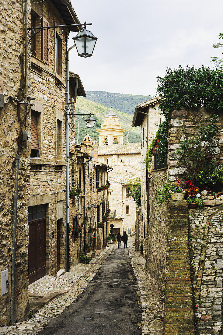 'Stone buildings and narrow street; Spello, Umbria, Italy'