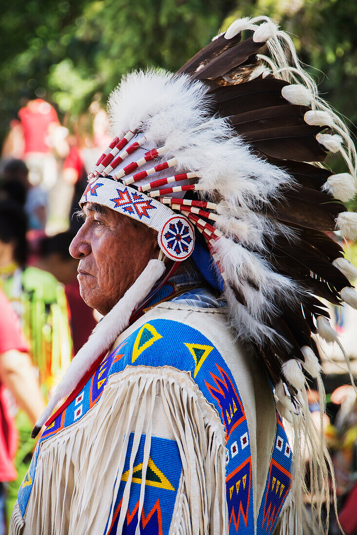 'Side portrait of a Native American tribal chief; Calgary, Alberta, Canada'