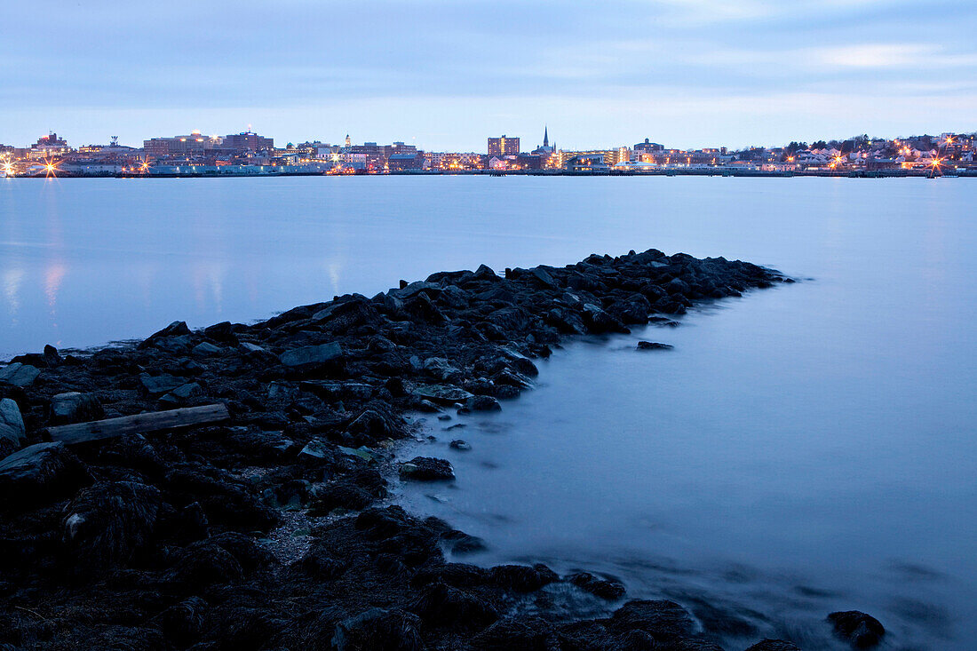 A twilight view of Portland, Maine's waterfront. Time exposure