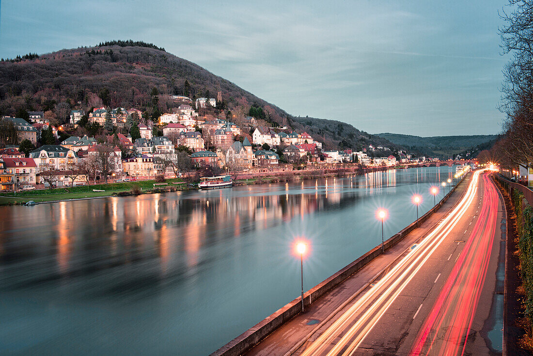 Neckar River with Neuenheim and light trails in a long exposure.