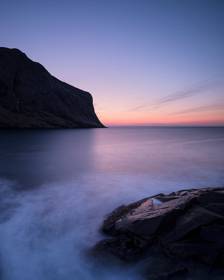 Twilight over coastline at Horseid beach, Moskenes??y, Lofoten Islands, Norway
