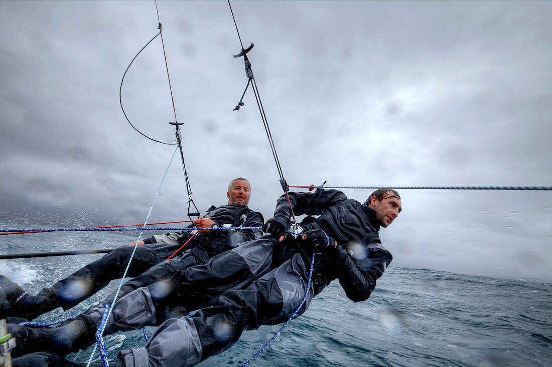 'Yvan Bourgnon and Joris Cocaud training before the attempt of the around Corsica Island record on the Nacra F20 Carbon ''Atlantis Television'', Porticcio, Corsica, France.'