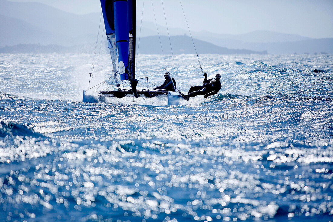 'Yvan Bourgnon and Joris Cocaud training before the attempt of the around Corsica Island record on the Nacra F20 Carbon ''Atlantis Television'', Porticcio, Corsica, France.'