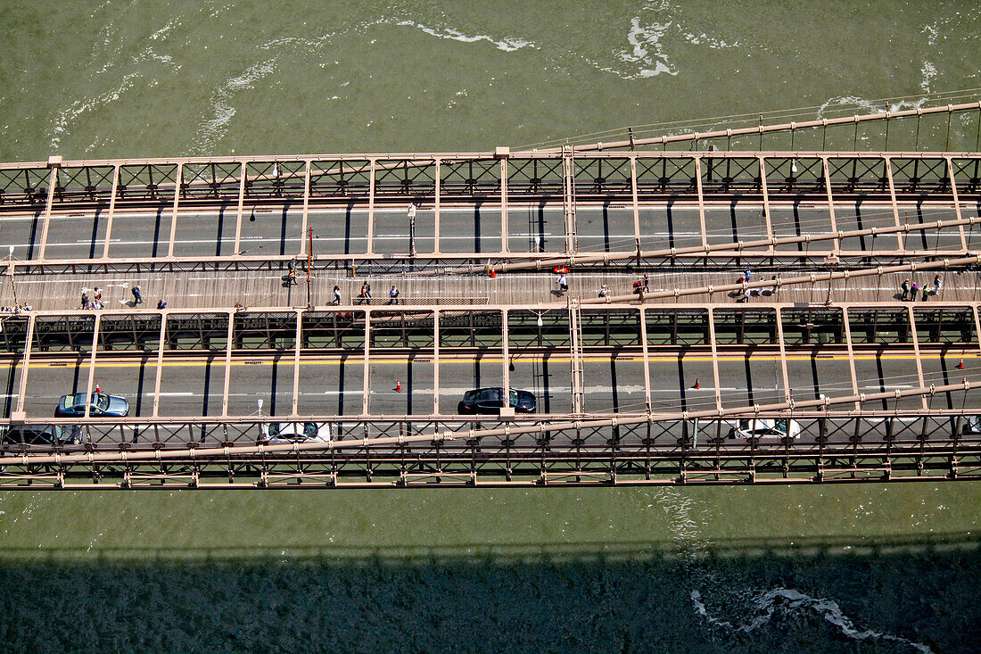Aerial view of the Brooklyn Bridge in Manhattan, New York City, New York, United States of America.