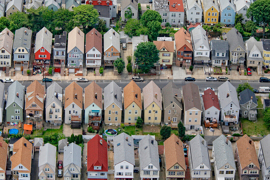 Aerial view of residential streets in New York suburb, New York, United States of America.