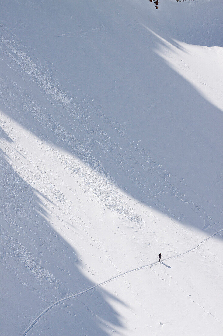 A backcountry skier in the Sawtooth Mountains near Stanley, Idaho.