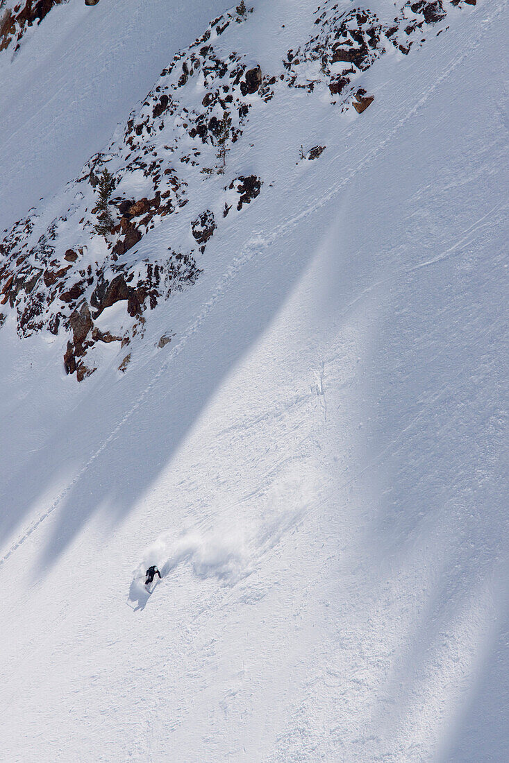 A backcountry skier in the Sawtooth Mountains near Stanley, Idaho.