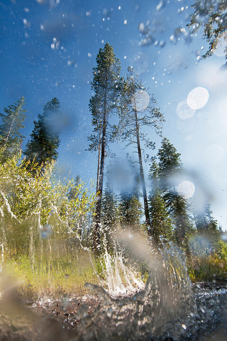 Water splashes after a mountain biker rides through the puddle in Truckee, California.
