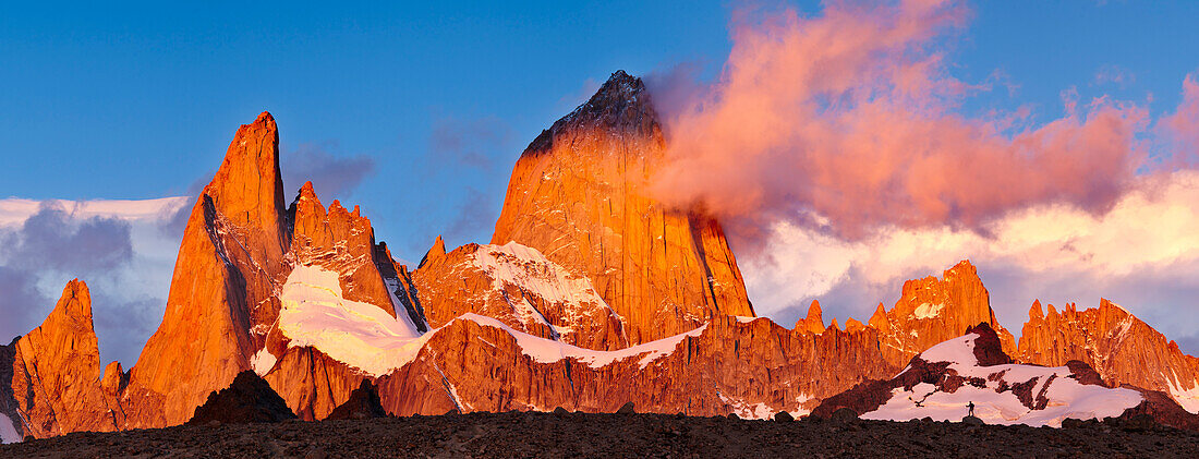 A person gives scale to the massive Mount Fitzroy in Argentina's Los Glaciers National Park.