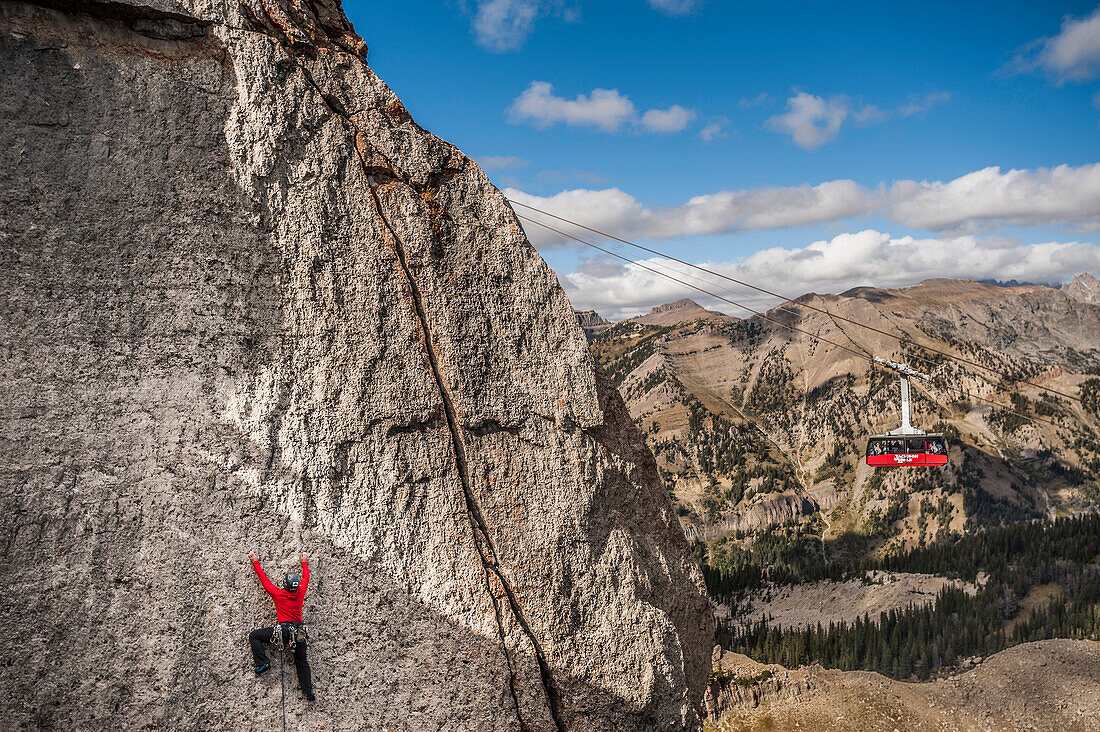 Man wearing red jacket climbs a wall above Teton Village with the red Jackson Hole Mountain Resort cable car in background. Jackson Hole, Wyoming.