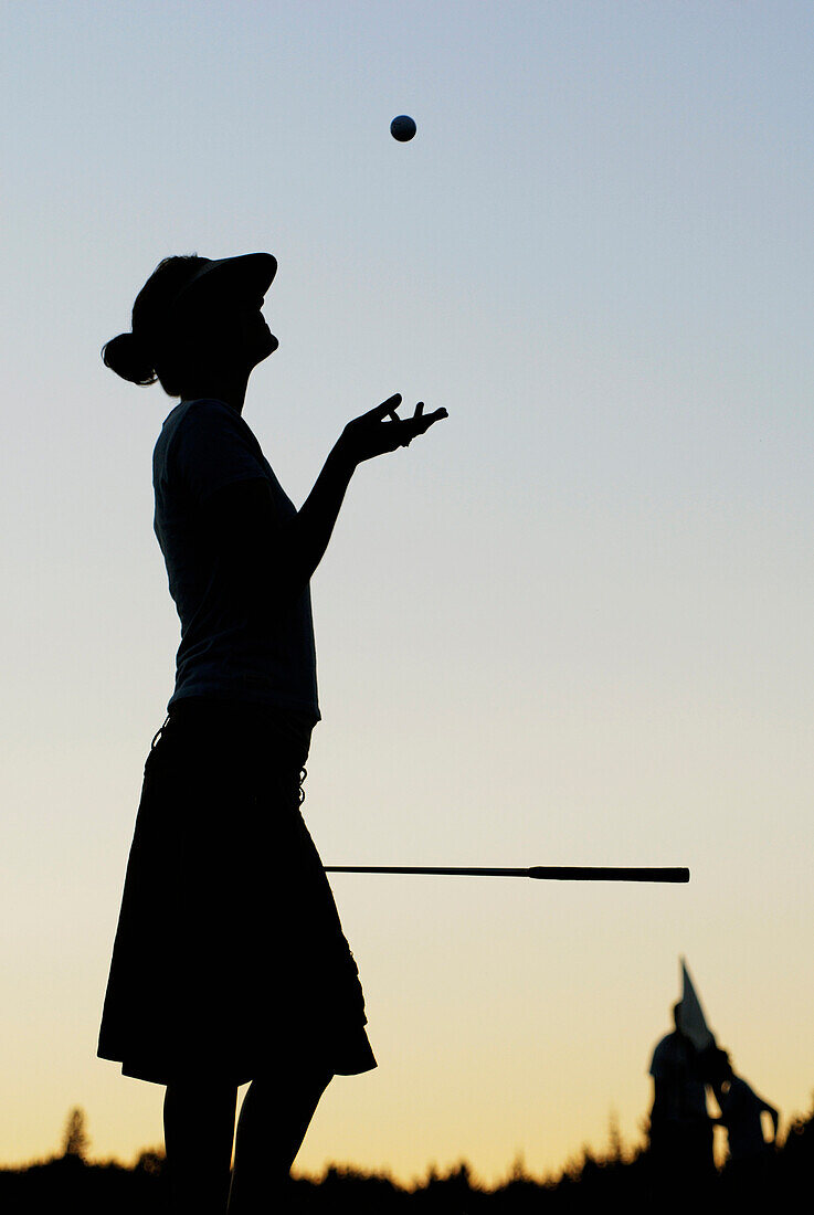 Silhouette Of Young Woman On Organic Golf Course, Clear Lake Golf Course, Riding Mountain National Park, Manitoba, Canada