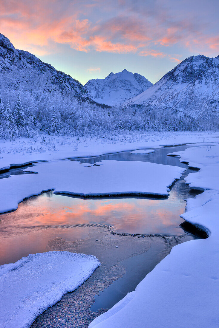 Colorful Sunrise Over A Stream At The Eagle River Nature Center In Chugach State Park, Southcentral Alaska, Winter, Hdr