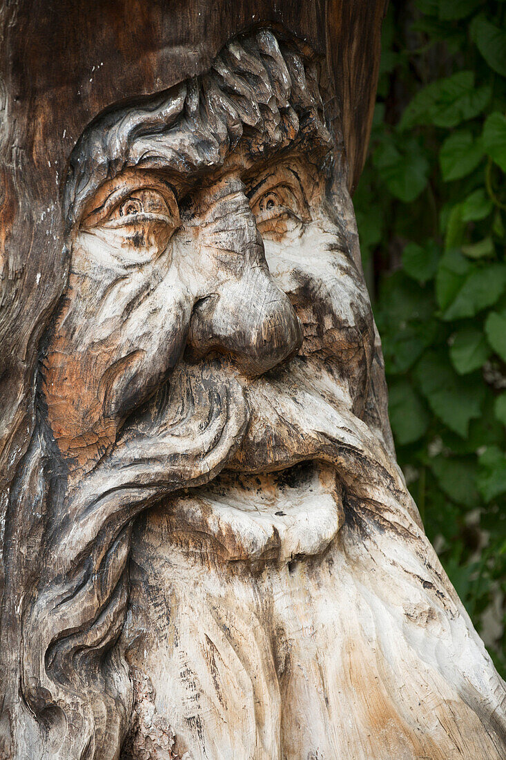 'Close up of a detailed tree trunk face carving; Lanserbach, Austria'