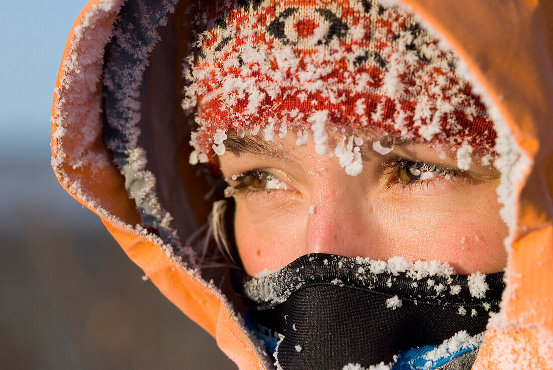 Close Up Portrait Of Adult Womans Face With Frost From 30 Below Zero Weather Within White Mountain National Recreation Area Winter Interior Alaska