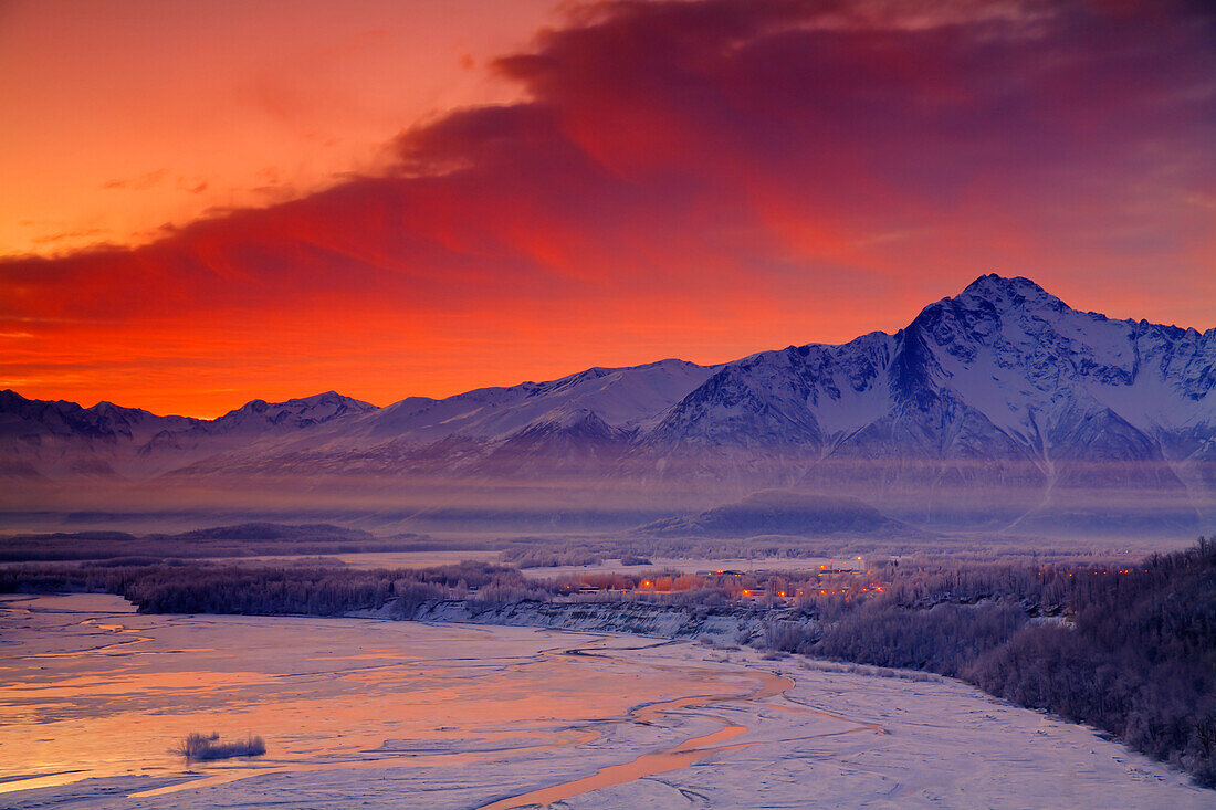 Colorful Sunrise Over The Matanuska River, Pioneer Peak, And Palmer, Southcentral Alaska, Winter, Hdr