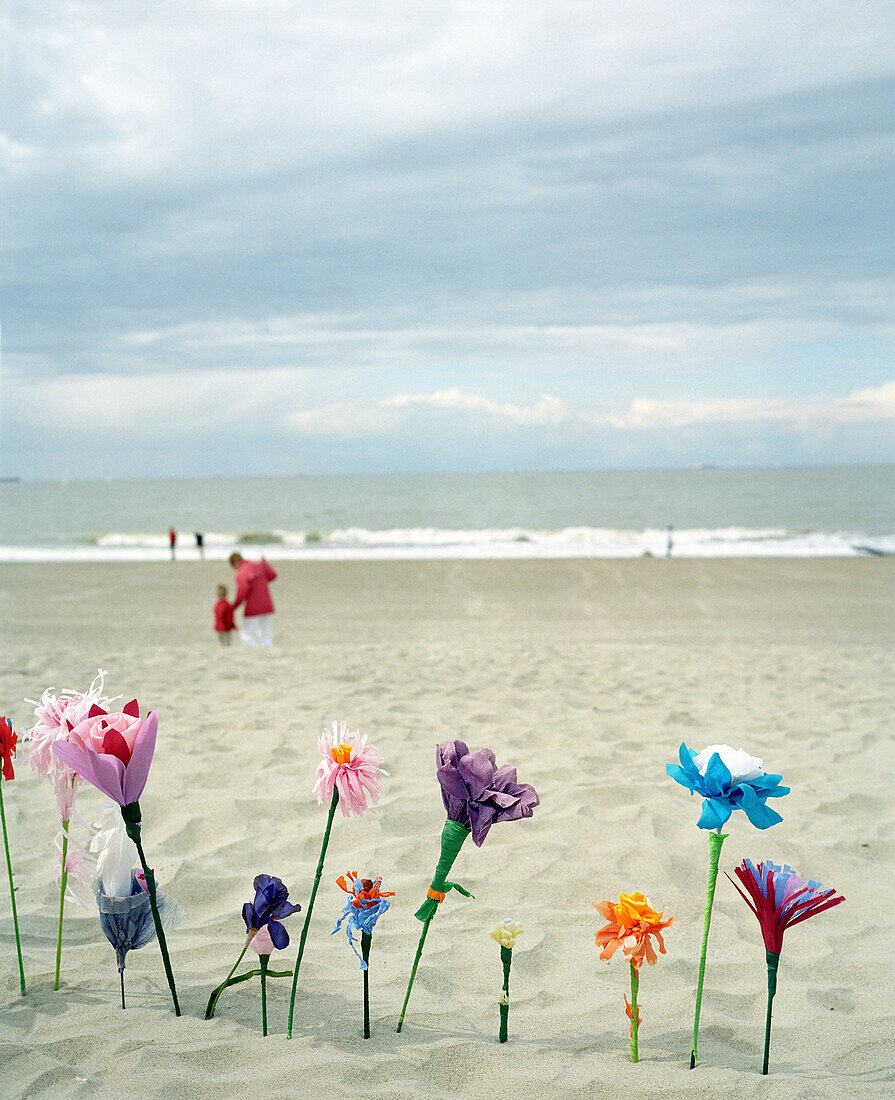 Paper flowers made by children on the beach of Duinberg. The children exchange their flowers for sea shells. Ostende, Belgium.
