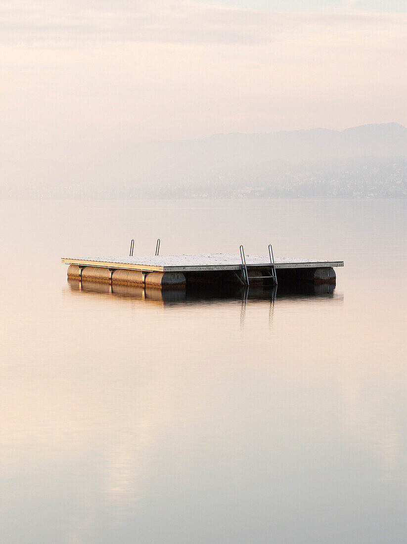 Snow Dusted Pontoon In Lake Zurich At Dawn, Zurich, Switzerland