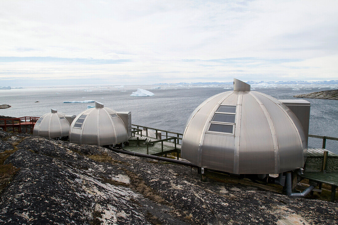 Aluminium 'igloos' At The Hotel Arctic In Ilulissat On The West Coast Of Greenland, The Most Northerly 4 Star Hotel. Greenland.