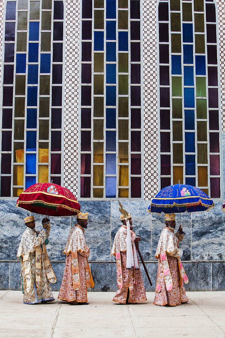 'Priests parading copies of the Tabot (the tablets of stone) during Timkat (Epiphany) outside The Church of Our Lady Mary of Zion; Axum, Tigray, Ethiopia'