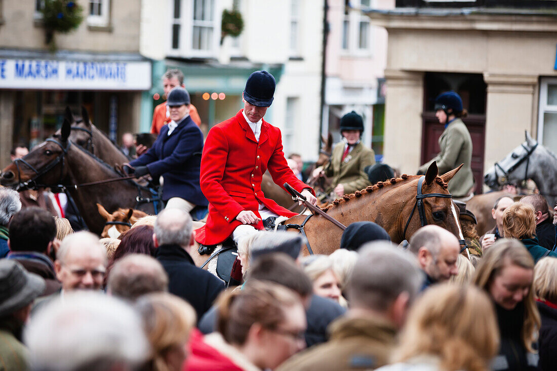 'Traditional Boxing Day Hunt at the Blackmore and Sparkford Vale Hunt in centre of Castle Cary; Somerset, England'