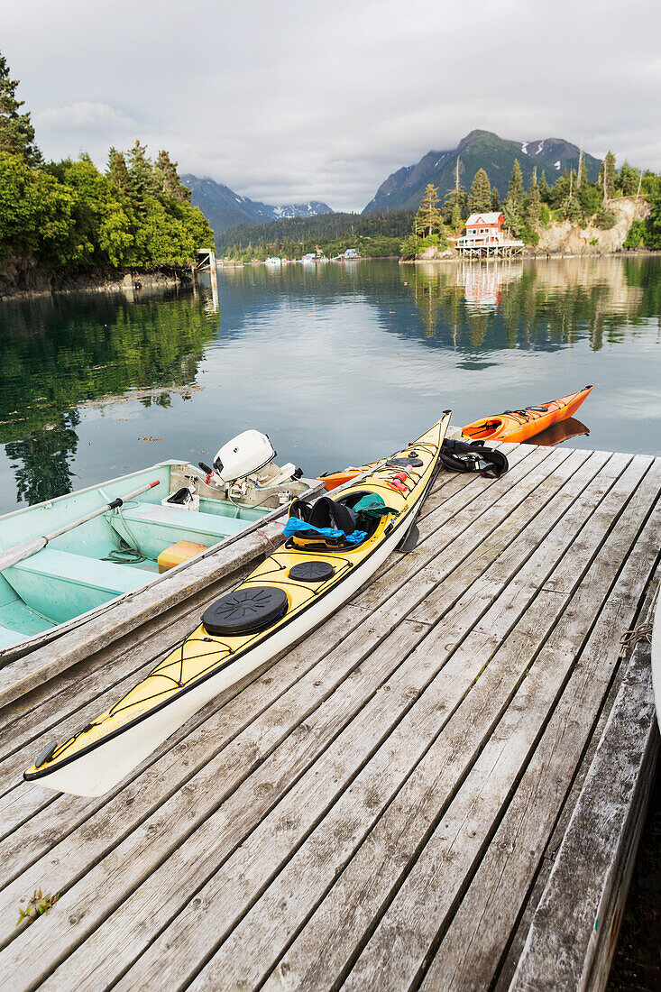 Kayaks on a dock, Halibut Cove, Kachemak Bay, Southcentral Alaska.
