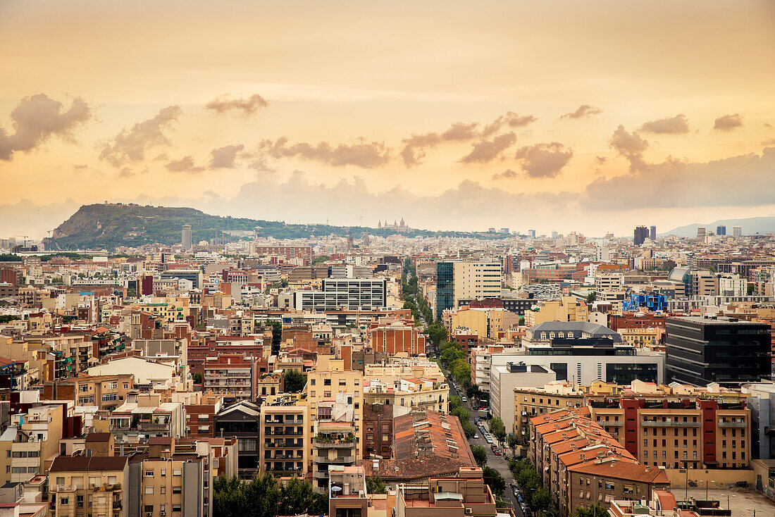 'View of Barcelona at sunrise; Barcelona, Catalonia, Spain'