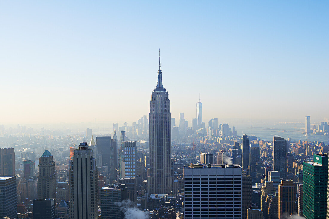 'View of Empire State Building and financial district from Top of the Rock at Rockefeller Centre; New York City, New York, United States of America'