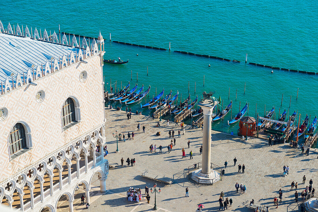 'High angle view of people in Piazza san Marco by the water; Venice, Veneto, Italy'