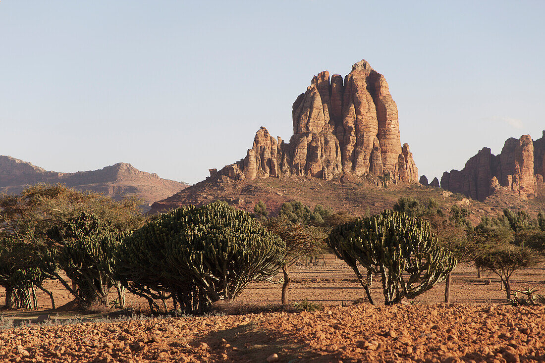 'Eroded mountain landscape and farmland; Gheralta, Tigray region, Ethiopia'
