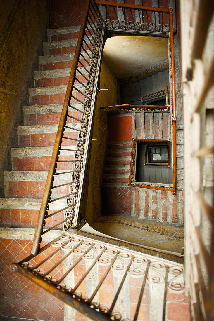 'High angle view of a stairwell and railing; Barcelona, Spain'