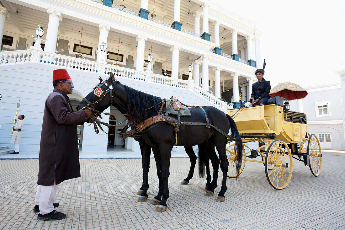'A horse and carriage outside Falaknuma Palace; Hyderabad, Andhra Pradesh, India'