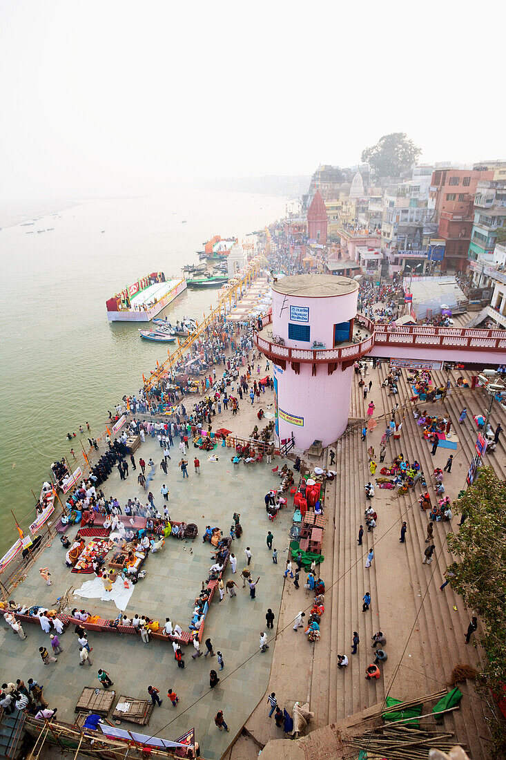 'High angle view of a crowd of pilgrims at the ghats on the ganges; Varanasi, India'