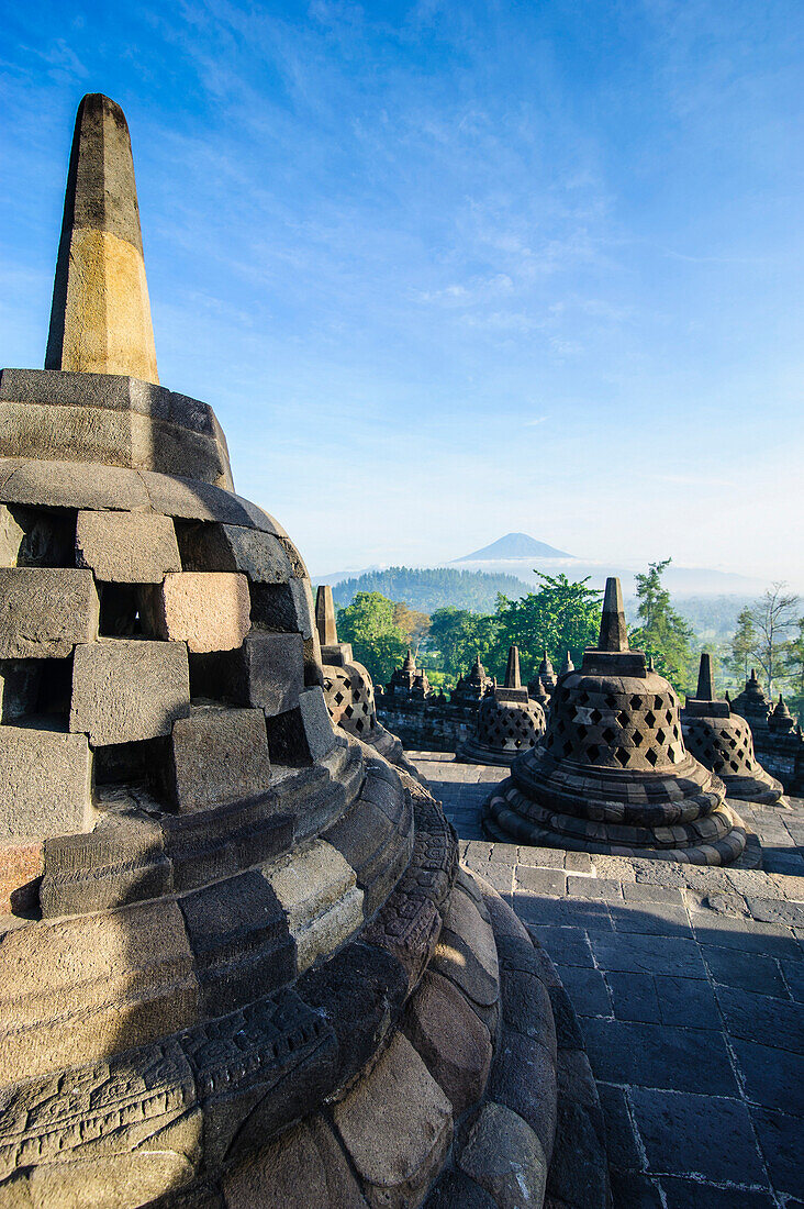 Early morning light at the temple complex of Borobodur, UNESCO World Heritage Site, Java, Indonesia, Southeast Asia, Asia