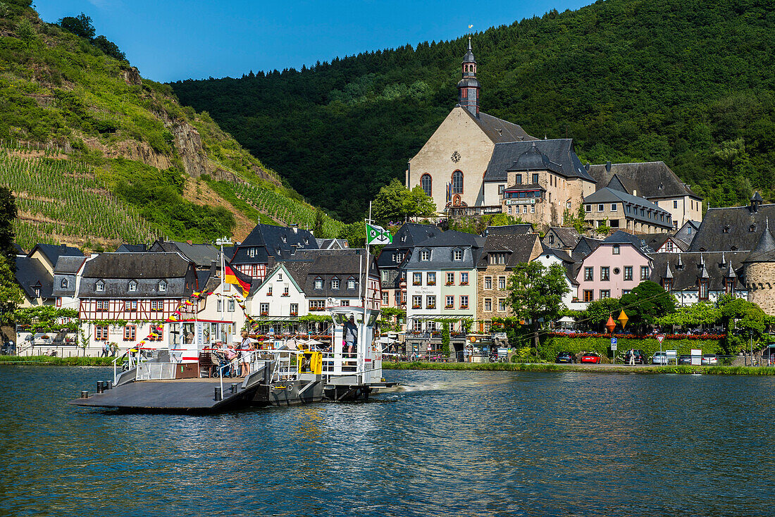 Car ferry crossing the Moselle River near Beilstein, Moselle Valley, Rhineland-Palatinate, Germany, Europe