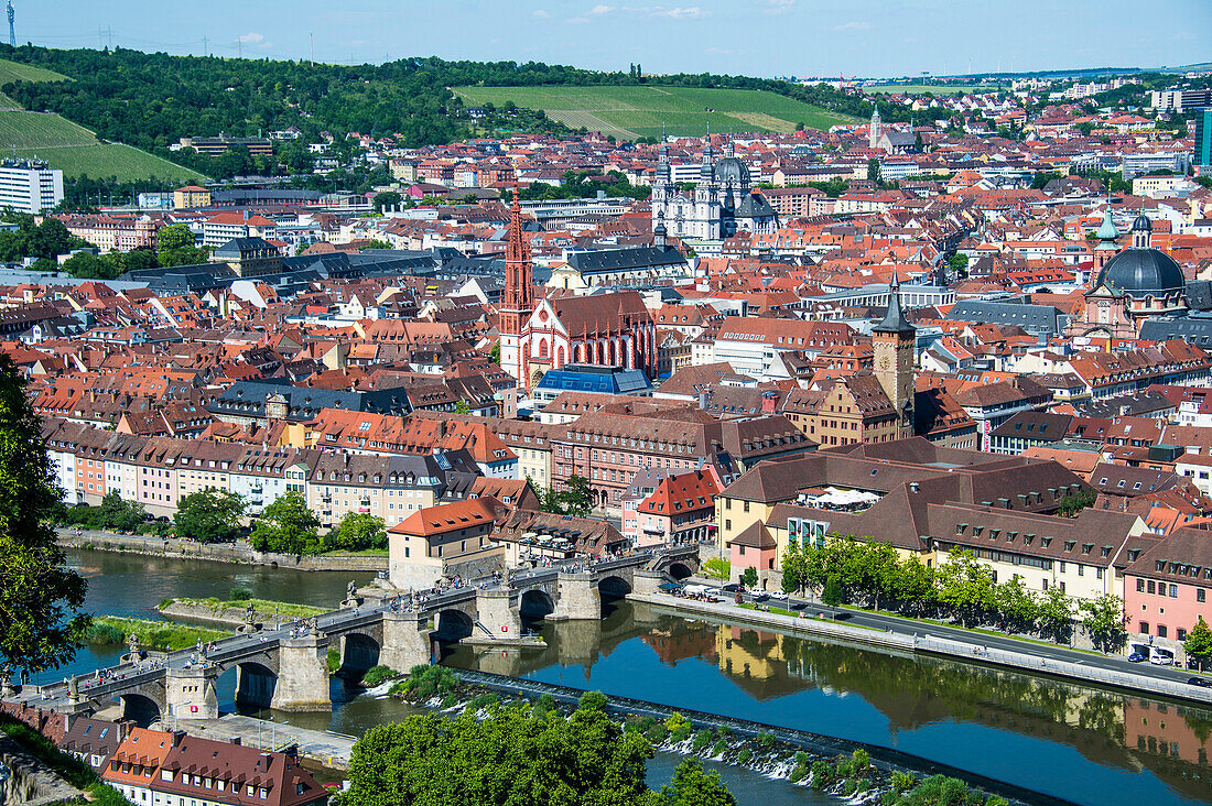 View over Wurzburg from Fortress Marienberg, Franconia, Bavaria, Germany, Europe