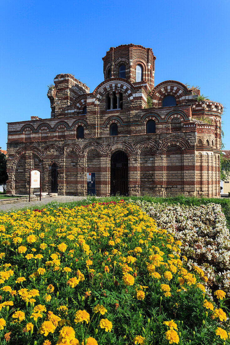 Flower border, Church of Christ Pantokrator, Nesebar (Nessebar), UNESCO World Heritage Site, Black Sea Coast, Bulgaria, Europe